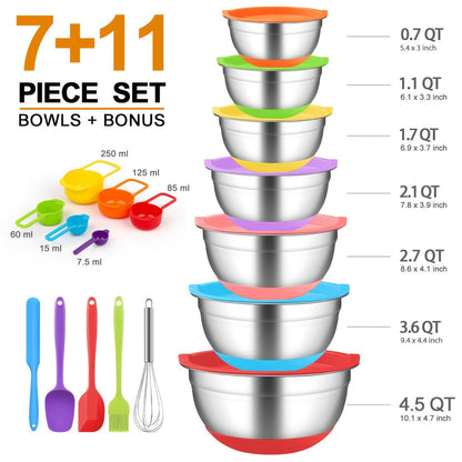 Stainless Steel Mixing Bowls Set with Airtight Lids 7 Piece, Stackable Nesting Bowls with Measuring Spoons Whisk Spatula Tongs Basting Brush, Dishwasher Safe Kitchen Bowls for Cooking Baking Camping Travel