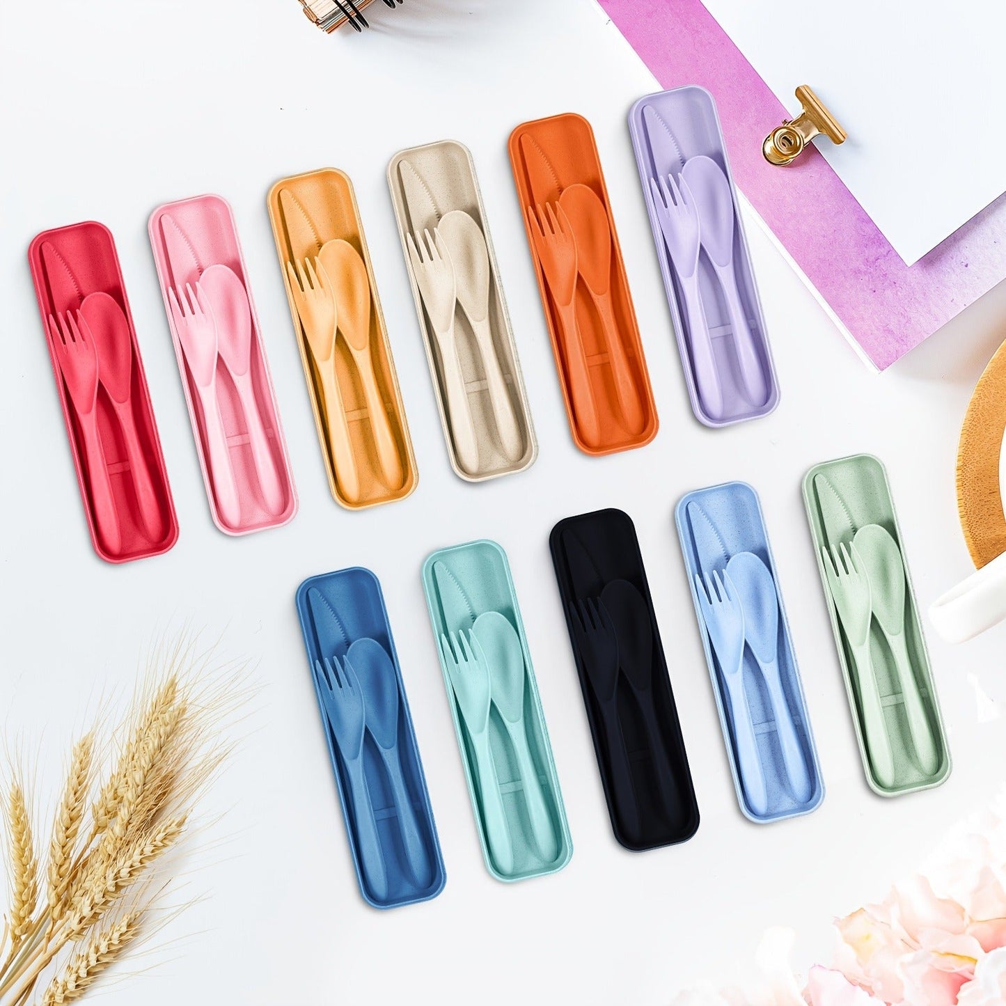 Reusable Travel Utensils Set with Case Bulk 77 Sets – Wheat Straw Portable Cutlery Kit with Spoon Knife Fork for Lunch Box, Picnic, Camping, Office & Christmas Operation Gifts (Bright Colors)