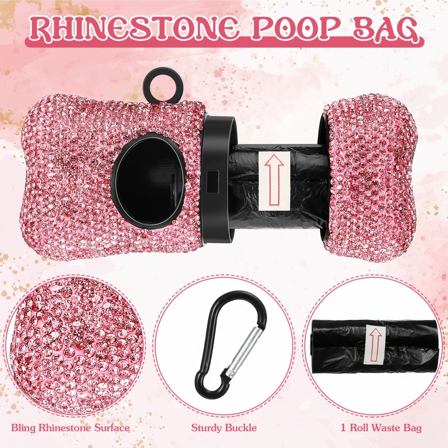 Retractable Dog Leash Set of 2 with Rhinestone Decoration, Pink Bone-Shaped Waste Bag Dispenser & Metal Clip, Bling Leash for Small Medium Dogs & Puppies, Stylish Pet Walking Accessory