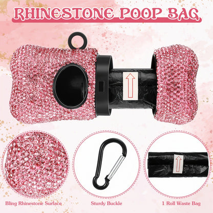 Retractable Dog Leash Set of 2 with Rhinestone Decoration, Pink Bone-Shaped Waste Bag Dispenser & Metal Clip, Bling Leash for Small Medium Dogs & Puppies, Stylish Pet Walking Accessory