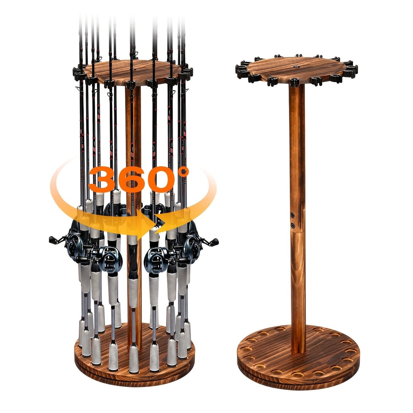 Wooden Fishing Rod Rack 360 Degree Rotating Circular Holds 16 Rods Space Saving Fishing Pole Organizer for Garage Home Storage