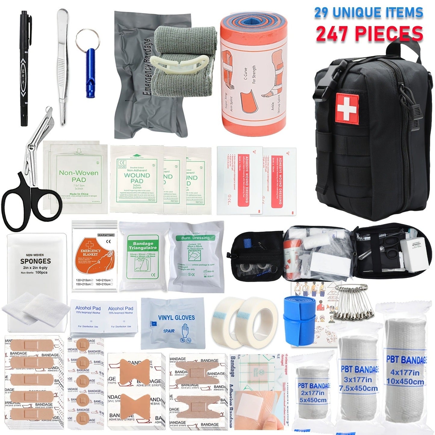 247pcs IFAK Trauma First Aid Kit with CAT Tourniquet and MOLLE Medical Backpack, Fully Stocked Bleeding Control Wound Care Splinting Airway Management Kit for EMT Military Camping Travel Home FSA HSA