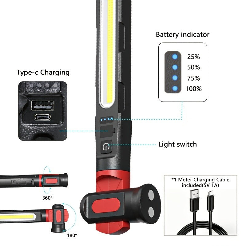 Mechanic Work Light with Magnetic Base & Hook – LED Engine Compartment Light with Red & Blue Warning Lights | Durable Work Site Lighting for Automotive Repair, Garage & Workshop