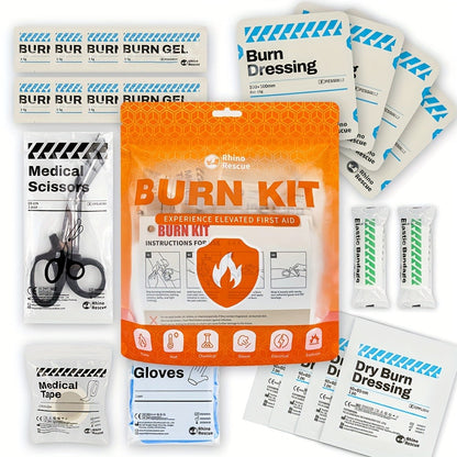 Burn Dressing Kit Emergency First Aid – Rhino Rescue Burn Care Kit with Hydrogel Burn Dressings, Portable Orange Case for Home Outdoor Workplace Camping Survival