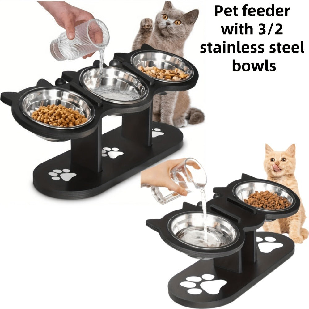 Elevated Cat Bowl Stand with Tilted Stainless Steel Bowls - Adjustable Raised Feeder, Anti-Spill, Black Wood Base for Cats & Small Dogs