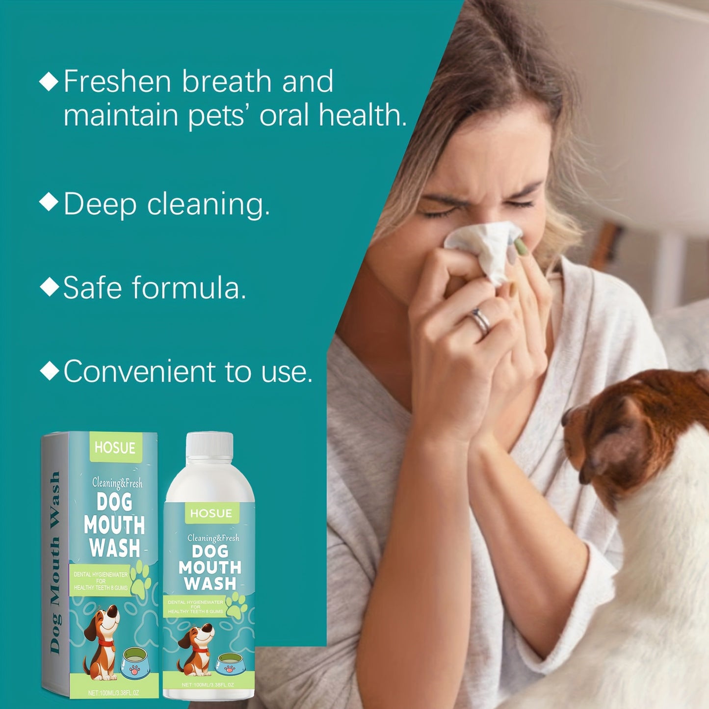 Dog Mouthwash for Fresh Breath with Peppermint Extract - Natural Dental Health Oral Care Liquid, Easy-to-Use Water Additive for Dogs, Freshens Breath & Supports Clean Teeth, 100ml / 3.38oz
