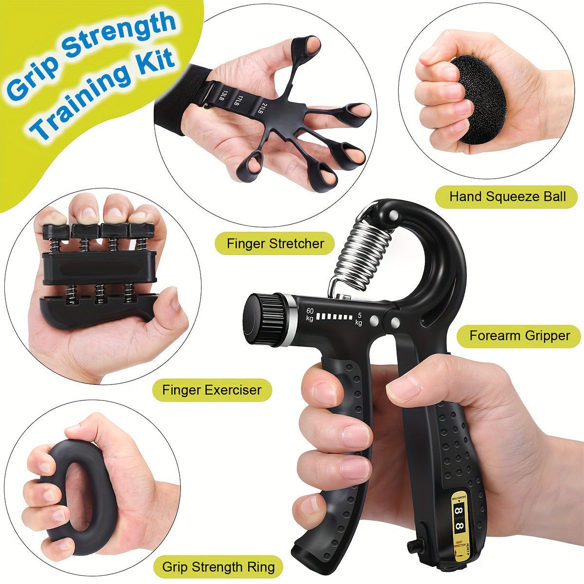 Grip Strengthener Set 5pcs - Adjustable Hand Grip Trainer with Counting, Finger Exerciser, Finger Stretcher, Forearm Workout Ring & Hand Exercise Ball for Rock Climbing, Tennis, Guitar, Rehab