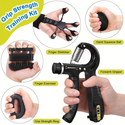Grip Strengthener Set 5pcs - Adjustable Hand Grip Trainer with Counting, Finger Exerciser, Finger Stretcher, Forearm Workout Ring & Hand Exercise Ball for Rock Climbing, Tennis, Guitar, Rehab