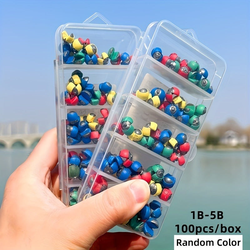 Fishing Sinkers 100pcs Rubber Coated Split Shot - 5 Sizes 1B-5B Detachable Round Mouth Lead Weights, Mixed Colors, Freshwater Saltwater Fishing Tackle