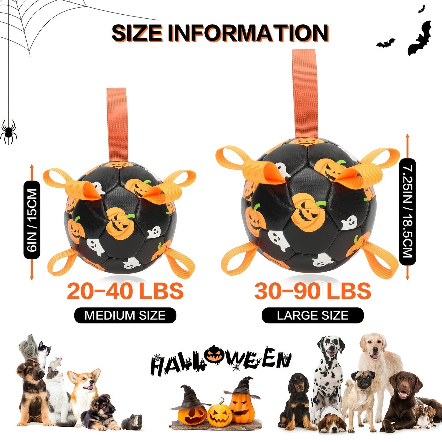 Halloween Dog Ball Toy with Pump - Football Shaped Chew Ball for Dogs, Pumpkin Ghost Design, Durable Rubber Fetch Toy for Small Medium Large Dogs, Festive Pet Gift with Strap, No Battery Required