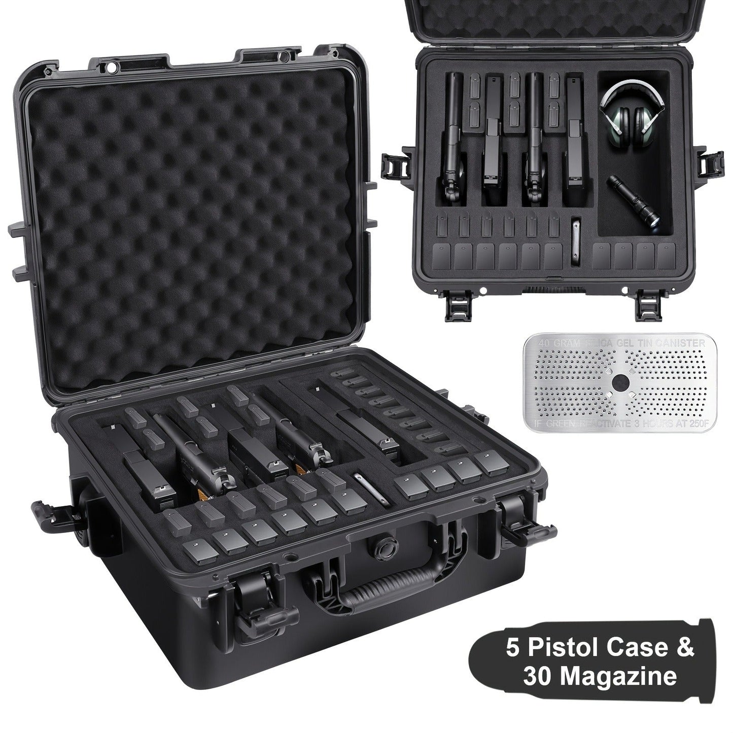 Hard Pistol Case Holds 5 Handguns & 30 Magazines - Lockable Travel Gun Case with Pre-Cut Foam, Silica Gel Canister, ABS Hard Shell, Multiple Pistol Storage Box for Handguns Under 11 Inches
