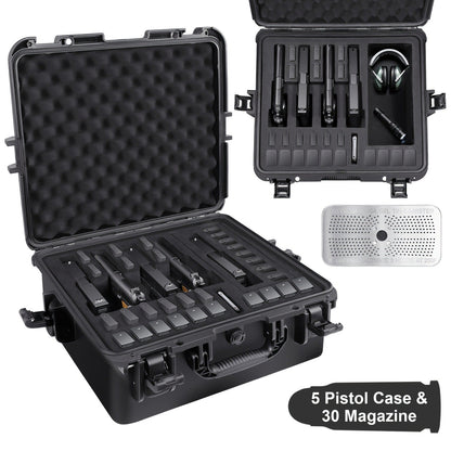 Hard Pistol Case Holds 5 Handguns & 30 Magazines - Lockable Travel Gun Case with Pre-Cut Foam, Silica Gel Canister, ABS Hard Shell, Multiple Pistol Storage Box for Handguns Under 11 Inches