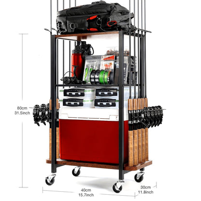 Rotating Fishing Rod Holder Rack Holds 10 Rods Tackle Storage Cart for Garage Floor Standing Pole Organizer Fishing Gear Storage for Men