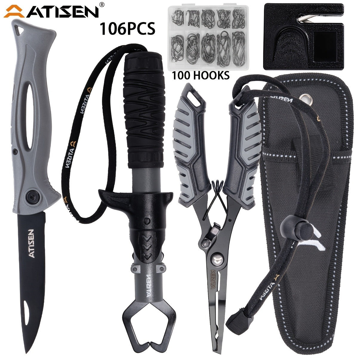 Fishing Knife Set 106PCS – Bait Knife, Luya Tongs, Knife Sharpener, Fishing Line Clippers & Anti-Loss Stretch Rope, Orange High-Visibility Fishing Tool Kit for Outdoor Camping Hiking, Best Gift for Men