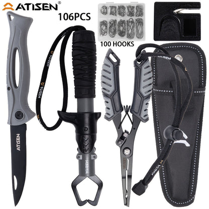 Fishing Knife Set 106PCS – Bait Knife, Luya Tongs, Knife Sharpener, Fishing Line Clippers & Anti-Loss Stretch Rope, Orange High-Visibility Fishing Tool Kit for Outdoor Camping Hiking, Best Gift for Men