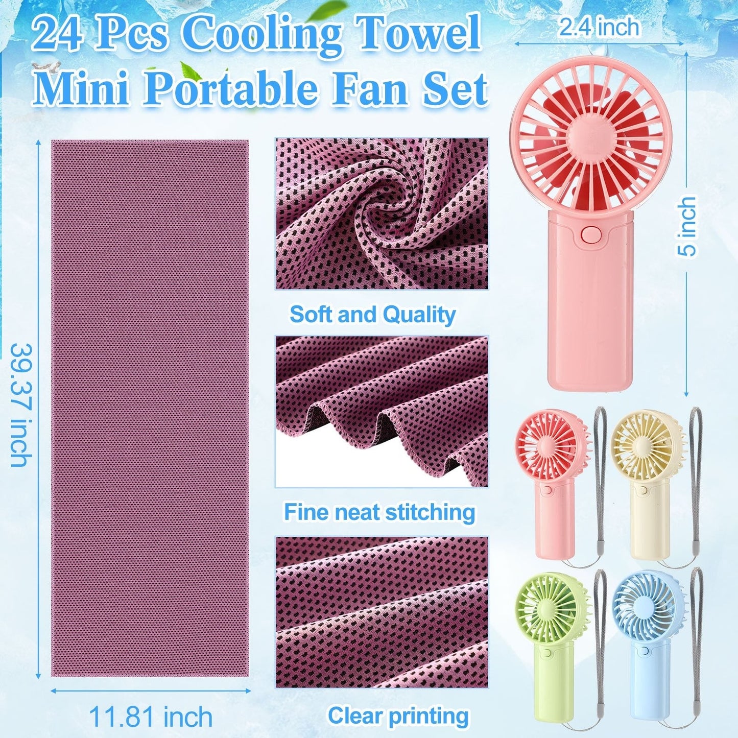 Portable Cooling Towel & Handheld Fan Set 24-Pack – Mini Ice Towels with Fans for Sports, Gym, Yoga, Travel & Camping, Multicolor Reusable Chilling Cloth & Fan Combo, Summer Heat Relief Kit