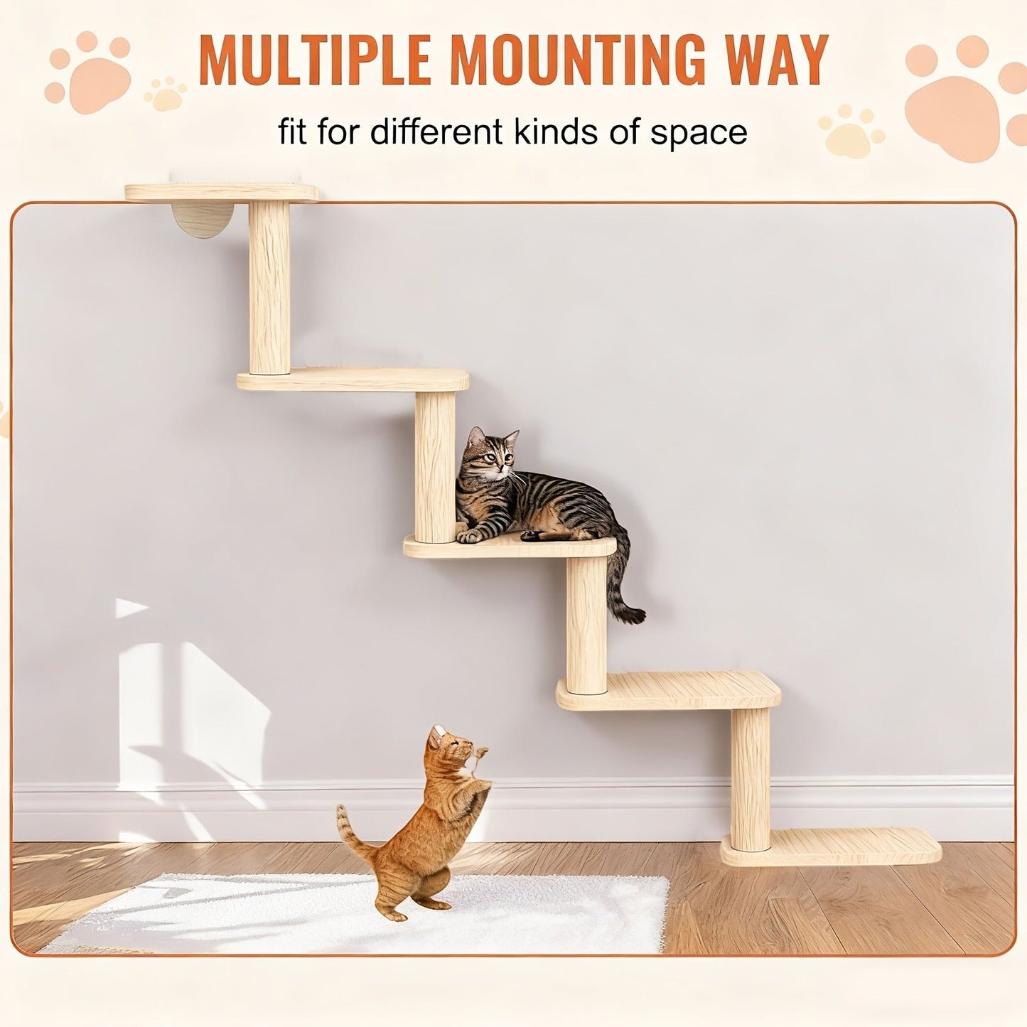 Wall-Mounted Cat Tree 5 Layers Solid Wood Indoor Cat Climbing Frame Jumping Platform Ladder Space-Saving for Small Spaces Multi-Cat Homes Living Room Bedroom Balcony