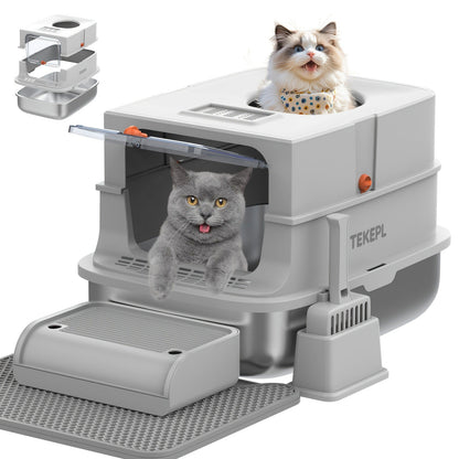 Stainless Steel Cat Litter Box with Lid - Extra Large 68L Enclosed & Semi-Open Modular System, 304 Steel Non-Stick Easy Clean, Charcoal Filter, Litter Mat & Scoop Included, Indoor XL Pet Toilet