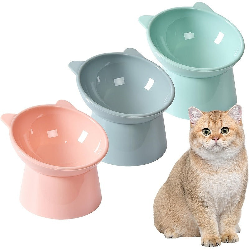 Cat Ear Shaped Raised Cat Bowls Set of 3 - Elevated Feeder Anti-Slip Base Neck Comfort Design, Pink Green Blue Feeding Dish for Cats & Small Pets