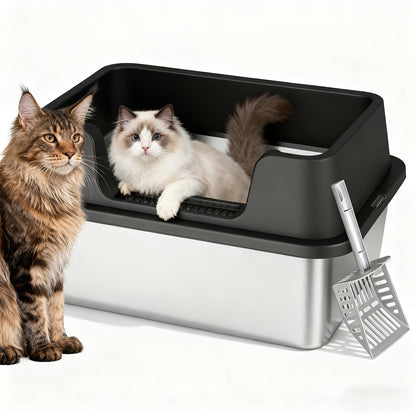 Stainless Steel Cat Litter Box with Scoop - High-Wall Semi-Enclosed Design, Non-Stick Easy Clean Surface, Anti-Leakage Odor Control, 2 Sizes for Kittens & Multiple Cats, Modern Metal Pet Toilet