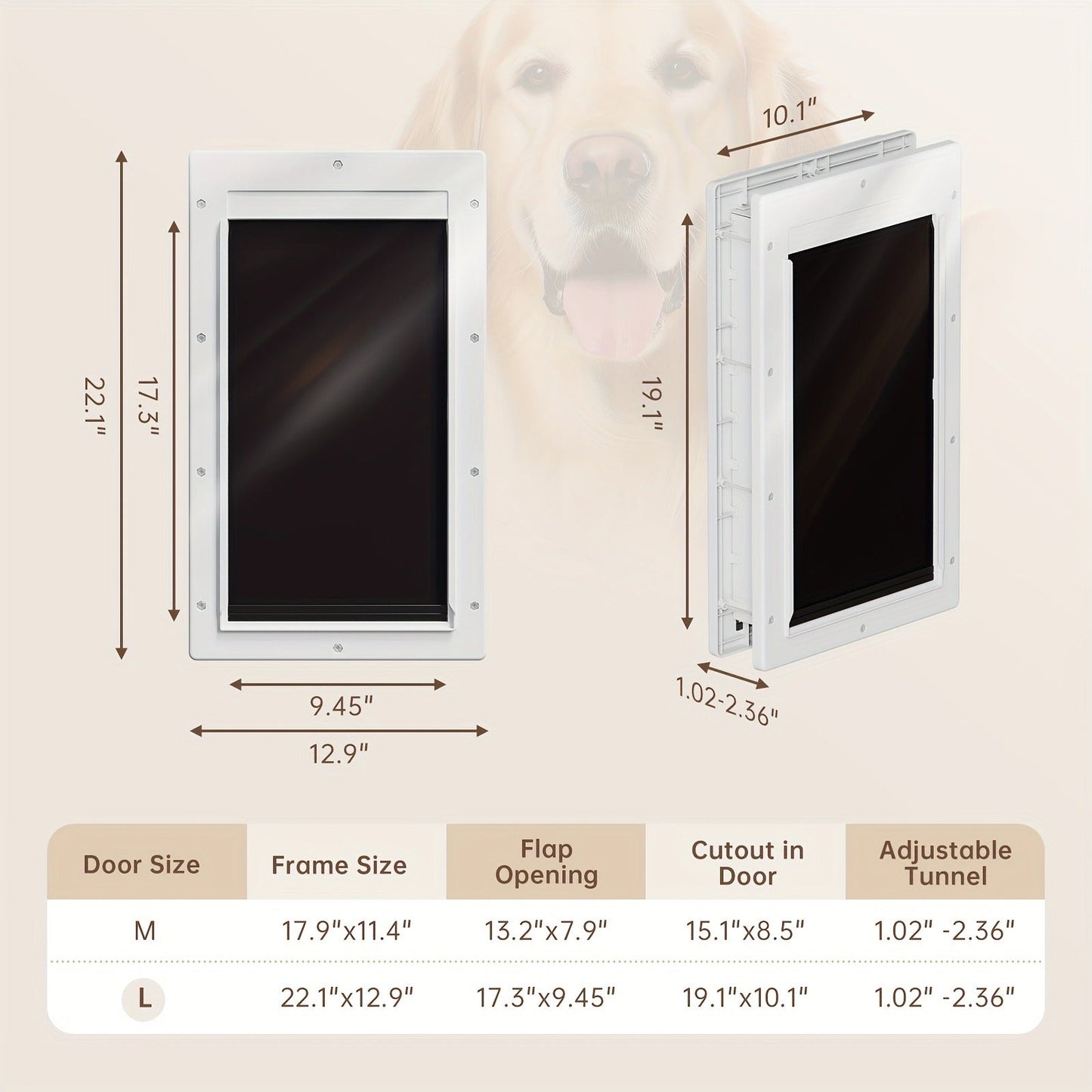 Dog Door 3-Flap Magnetic Pet Door for Interior & Exterior Doors or Wall – Heavy Duty Insulated Doggie Door with Closing Panel, Medium & Large, Fits Dogs 45–100 lbs, White & Black