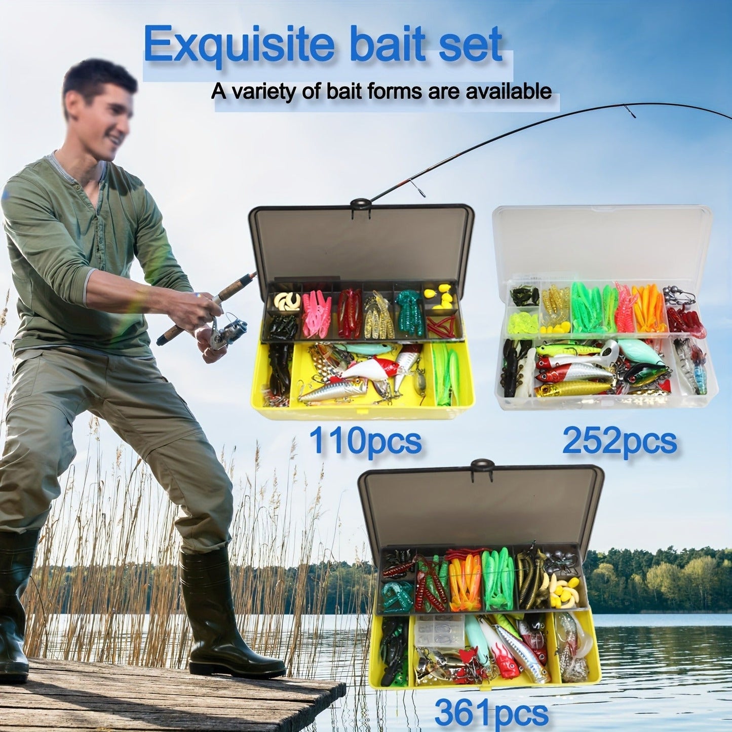 Fishing Lures Kit with Tackle Box – Mixed Plastic & Metal Baits, Hooks, Swivels & Jig Hooks (110/252/361pcs)