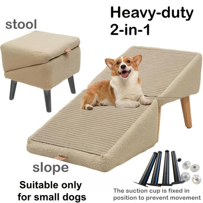 Dog Ramp 2-in-1 Foldable Ottoman Pet Stairs for Sofa Bed, Solid Wood Frame Heavy-Duty Small Dog Steps with Anti-Scratch Rounded Edges, Space-Saving Folding Pet Ramp Footrest, Black & Khaki