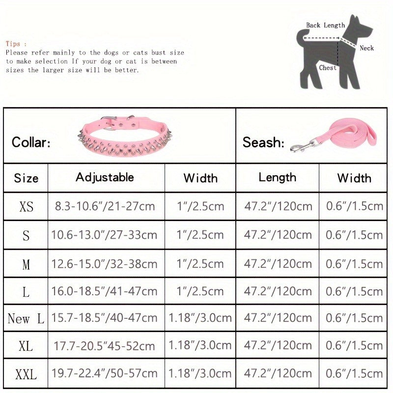 Rivet Dog Collar Bite Resistant with Leash Set, Heavy Duty Metal Buckle Pet Collar for Medium Large Dogs, Adjustable Sizes XS–XXL, Black Pink Red Blue Purple