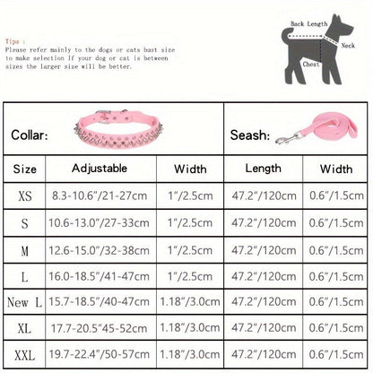 Rivet Dog Collar Bite Resistant with Leash Set, Heavy Duty Metal Buckle Pet Collar for Medium Large Dogs, Adjustable Sizes XS–XXL, Black Pink Red Blue Purple