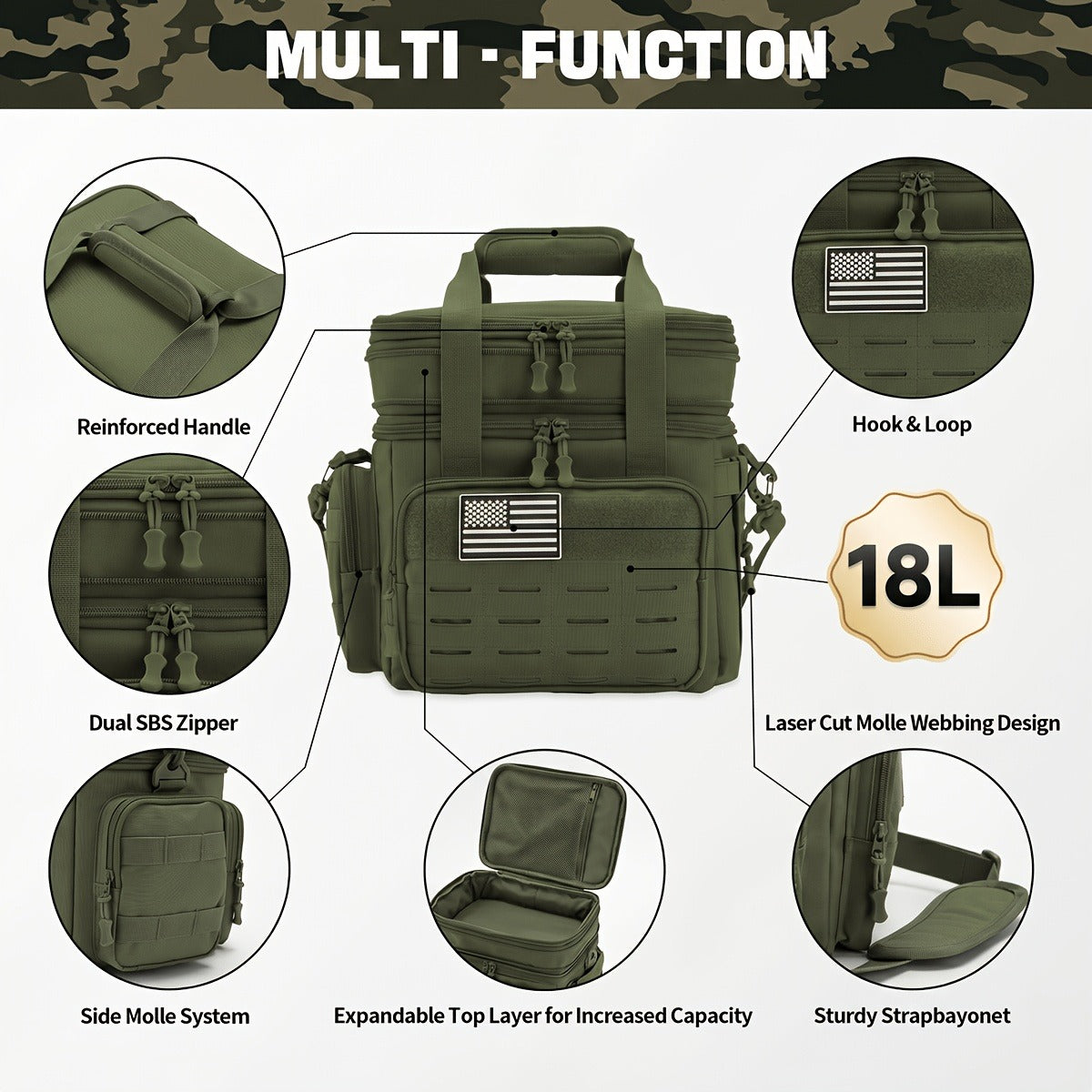 Tactical Insulated Cooler Lunch Box with MOLLE Webbing – Expandable & Leakproof, 3.7 Gal or 18L, for Hunting, Camping, Work & Outdoor Picnics – Black, Green or Khaki