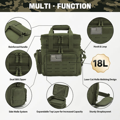 Tactical Insulated Cooler Lunch Box with MOLLE Webbing – Expandable & Leakproof, 3.7 Gal or 18L, for Hunting, Camping, Work & Outdoor Picnics – Black, Green or Khaki