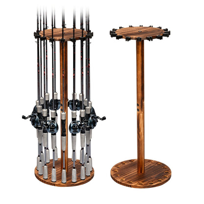 Fishing Rod Rack Holds 16 Rods - Circular Wooden Pole Holder with 360° Rotating Base Option - Space-Saving Wall-Free Fishing Rod Organizer for Garage, Basement & Home Storage