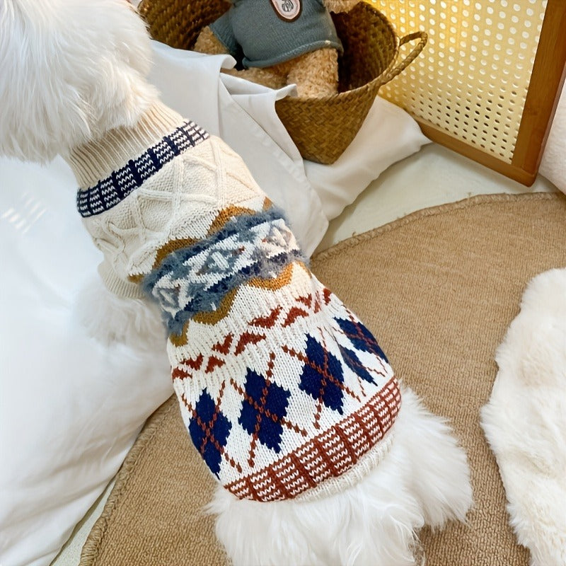 Cable Knit Dog Sweater Turtleneck - Thick Warm Winter Pet Pullover with Fair Isle Pattern, Cozy Cold Weather Knitwear for Small Medium Large Dogs & Cats, Outdoor Dog Clothes XS-XL, Beige & Blue