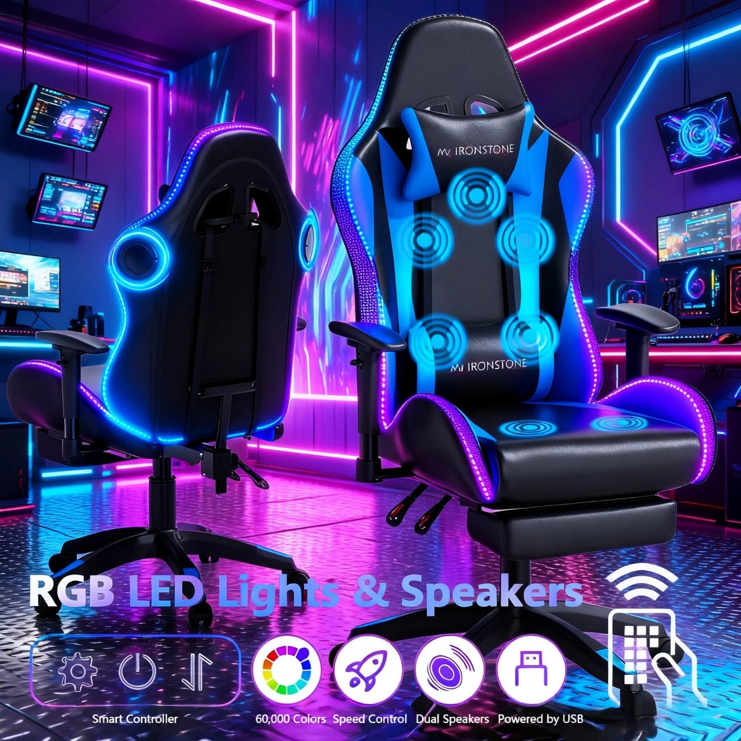 Gaming Chair with Massage and Bluetooth Speaker – RGB LED Lights, 135° Reclining with Footrest, 7-Point Vibration, 3D Adjustable Arms, 360° Swivel, Heavy Duty 400 lbs Big & Tall Ergonomic Chair, Blue Black