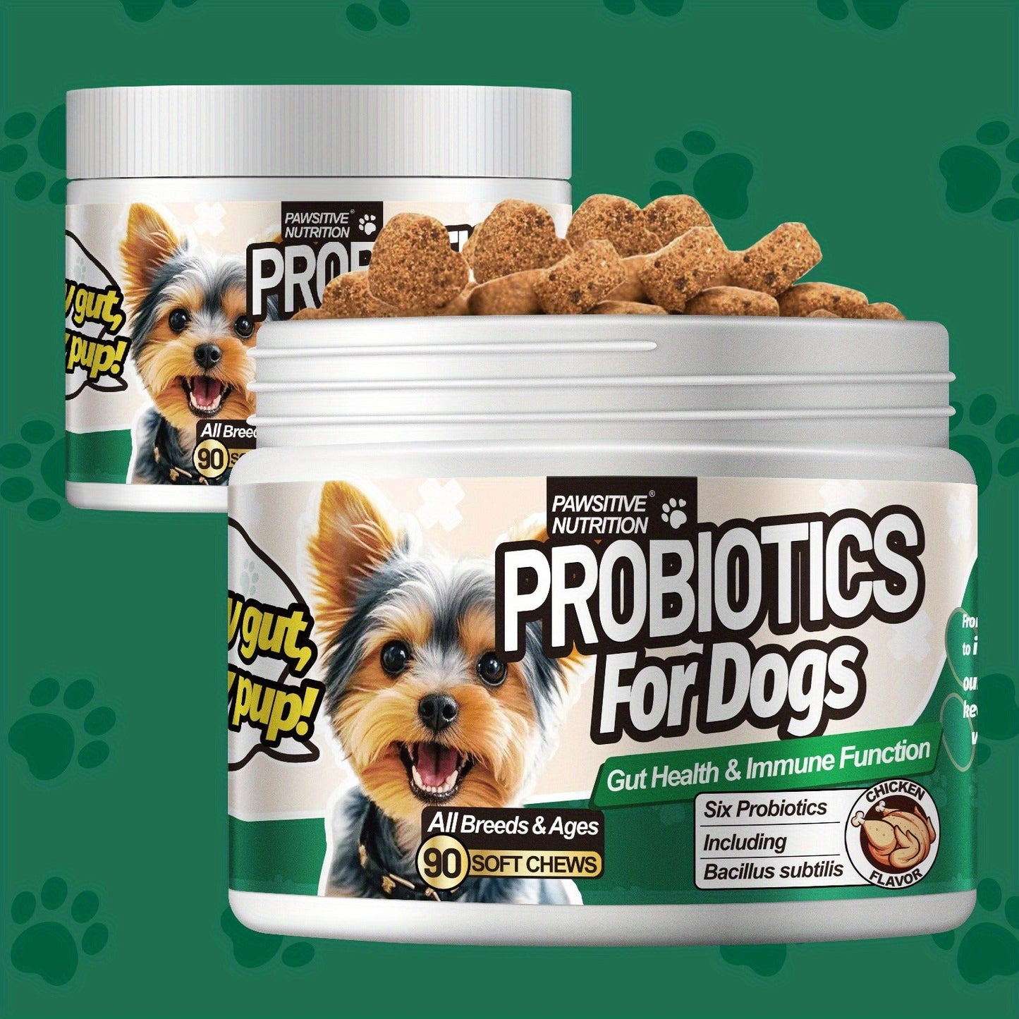 Dog Probiotic Chews for Digestive Health - Chicken Flavor Soft Chews with Probiotics for All Breeds, Supports Gut Health, Bloating & Diarrhea Relief, 90 Count per Bottle