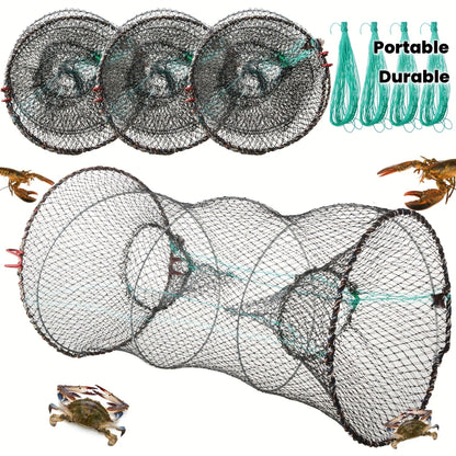 Collapsible Fishing Trap Net 4 Pack - Crab Crawfish Minnow Lobster Shrimp Bait Cage with 49ft Rope, 12x24 Inch Foldable Fish Trap, Durable PA Nylon, Portable Freshwater Saltwater Fishing Gear