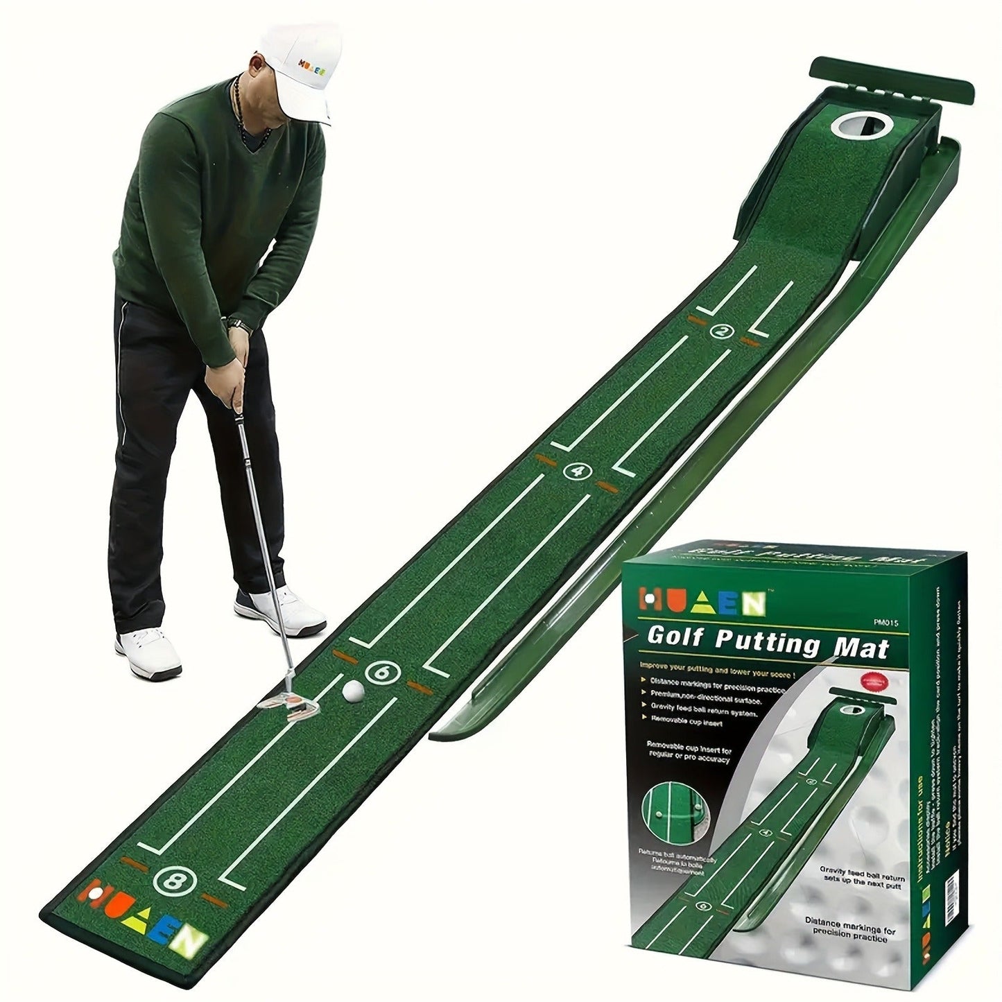 Golf Practice Putting Mat with Automatic Ball Retrieval & Post-Hole Collection System – Sturdy Indoor Outdoor Putting Green | Improve Putting Skills for Beginners & Golf Enthusiasts | Great Golf Gift