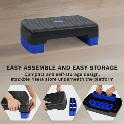 Aerobic Step Platform Adjustable Height with 2 Risers – Non-Slip Workout Stepper 18"x11", 440 LB Capacity, Space-Saving Design for Home Gym Cardio, Strength & Toning, 4 Color Options