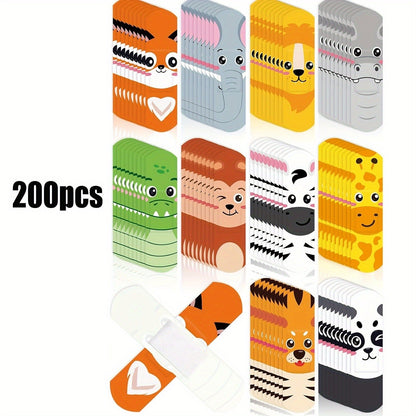 Animal Print Bandages 200pcs - Cute Kids Adhesive Bandages with 10 Fun Animal Designs, PE Waterproof Wound Care Strips for Minor Cuts & Scratches, Family First Aid Kit Refill