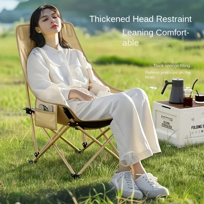 Portable Folding Moon Chair High Back 2pcs – Durable Iron Alloy Frame, Lightweight Foldable Camping Chair for Outdoor Leisure, Fishing, Beach & Backyard – Khaki or Black