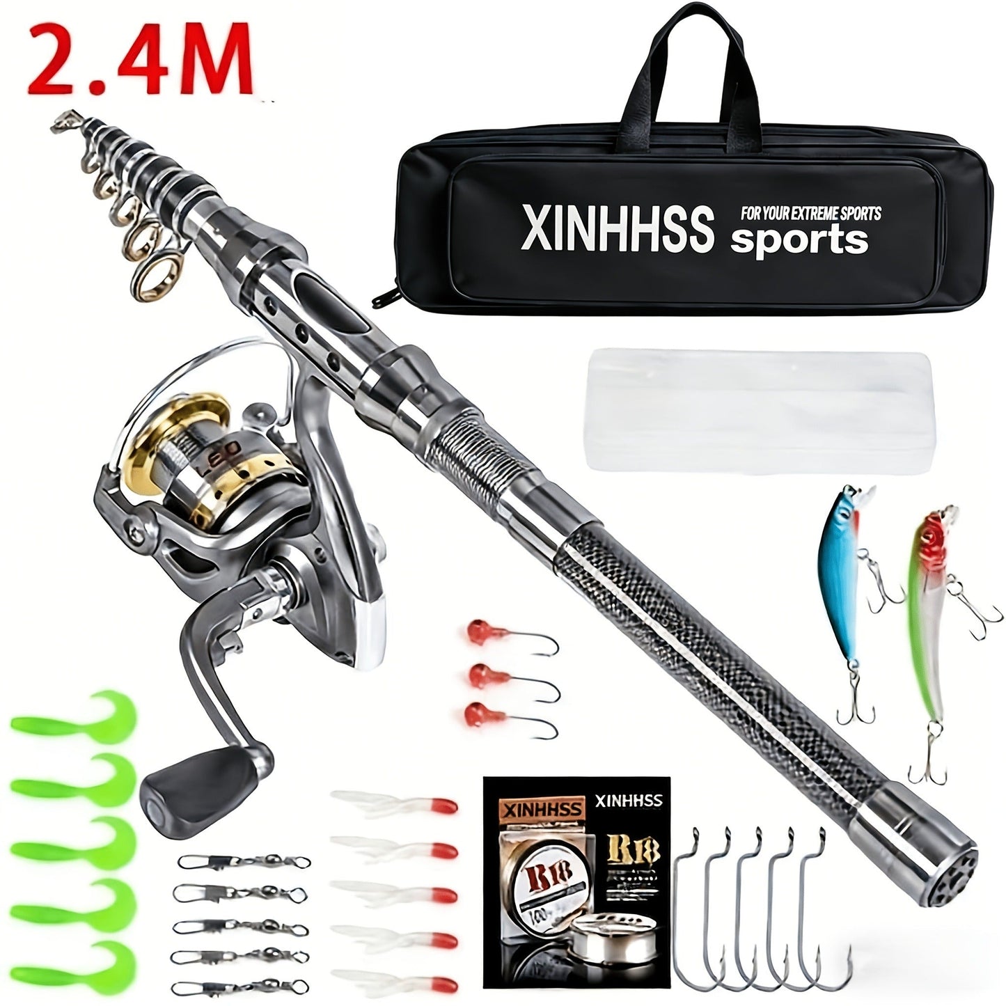 Telescopic Fishing Rod & Reel Combo – Carbon Fiber Collapsible Fishing Pole Full Kit with Carrier Bag for Travel Saltwater Freshwater Fishing, 6.89ft & 7.87ft, Silver & Gold