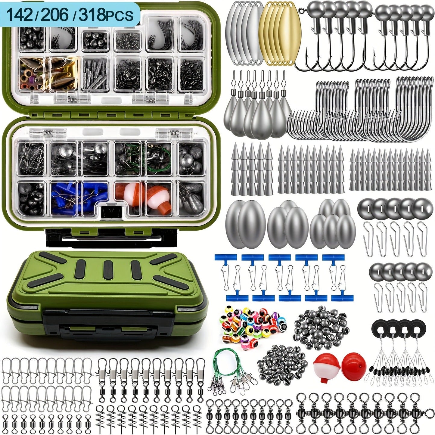 Fishing Tackle Kit 142/206/318 Pcs - Hooks, Jigs, Weights, Swivels, Beads & Connectors for Freshwater & Saltwater Bass Trout Fishing