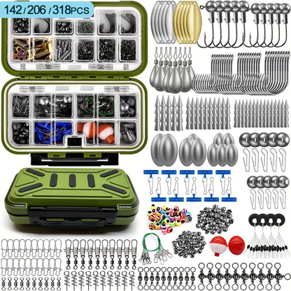 Fishing Tackle Kit 142/206/318 Pcs - Hooks, Jigs, Weights, Swivels, Beads & Connectors for Freshwater & Saltwater Bass Trout Fishing