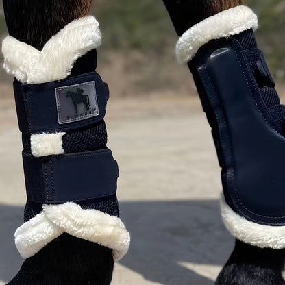 Horse Leg Wraps 1 Pair Breathable Mesh Faux Leather Protection Boots for Training Jumping, Quick-Fit Impact Absorbing Horse Leg Guards, Sizes S M L XL, Navy Blue Equine Leg Protection