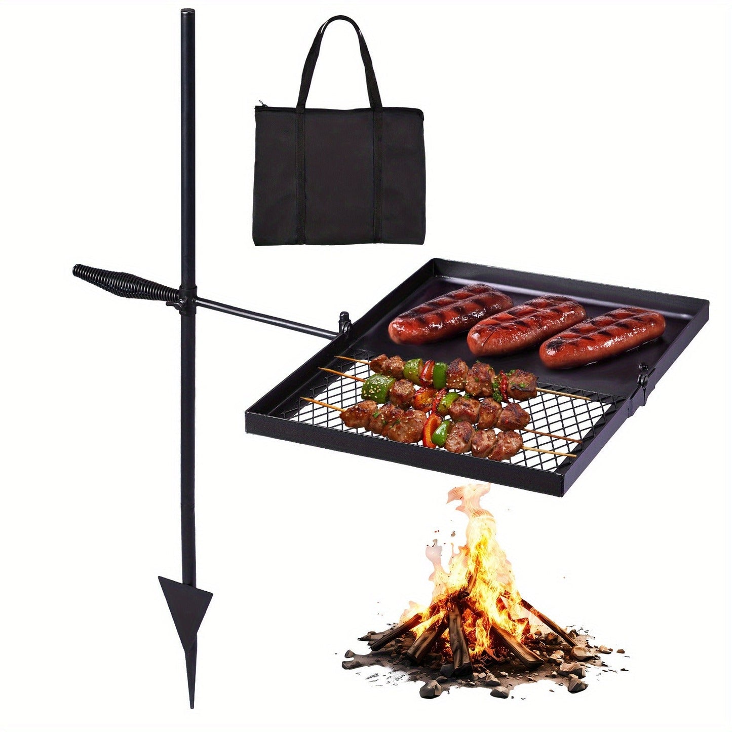 Portable Camping Grill Set – Heavy Duty Skillet Combo with Adjustable Grill Grate, Grill Pan & Carrying Bag – Steel & Iron Construction, 3 Size Options, Black Outdoor Cooking Kit
