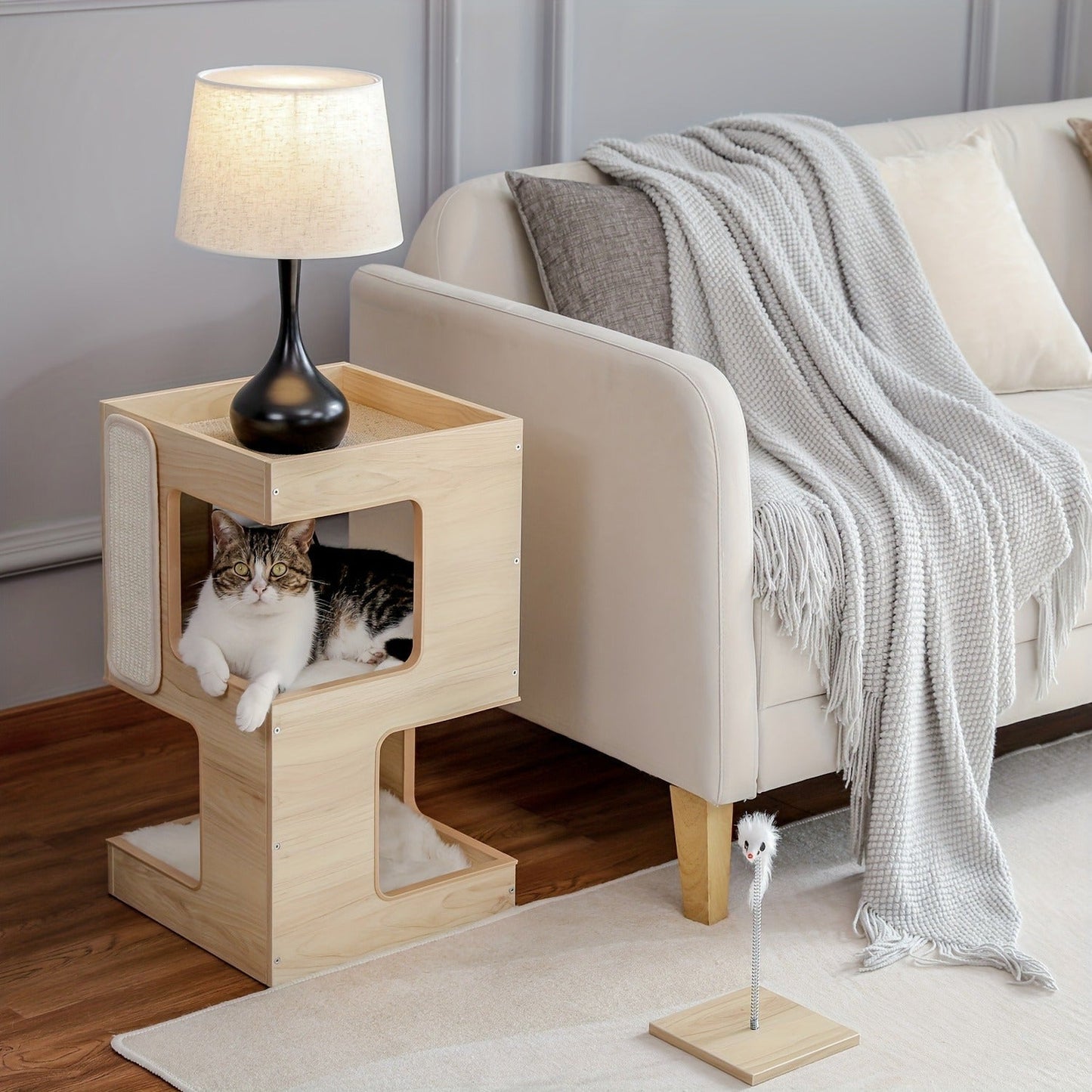 Cat Tree Small Modern 23.6" Wood Cat Tower Furniture with Scratching Pad Removable Soft Mats & Free Cat Toy for Indoor Kittens, Climbing Scratching Playing Cat Furniture for Small Spaces, Brown