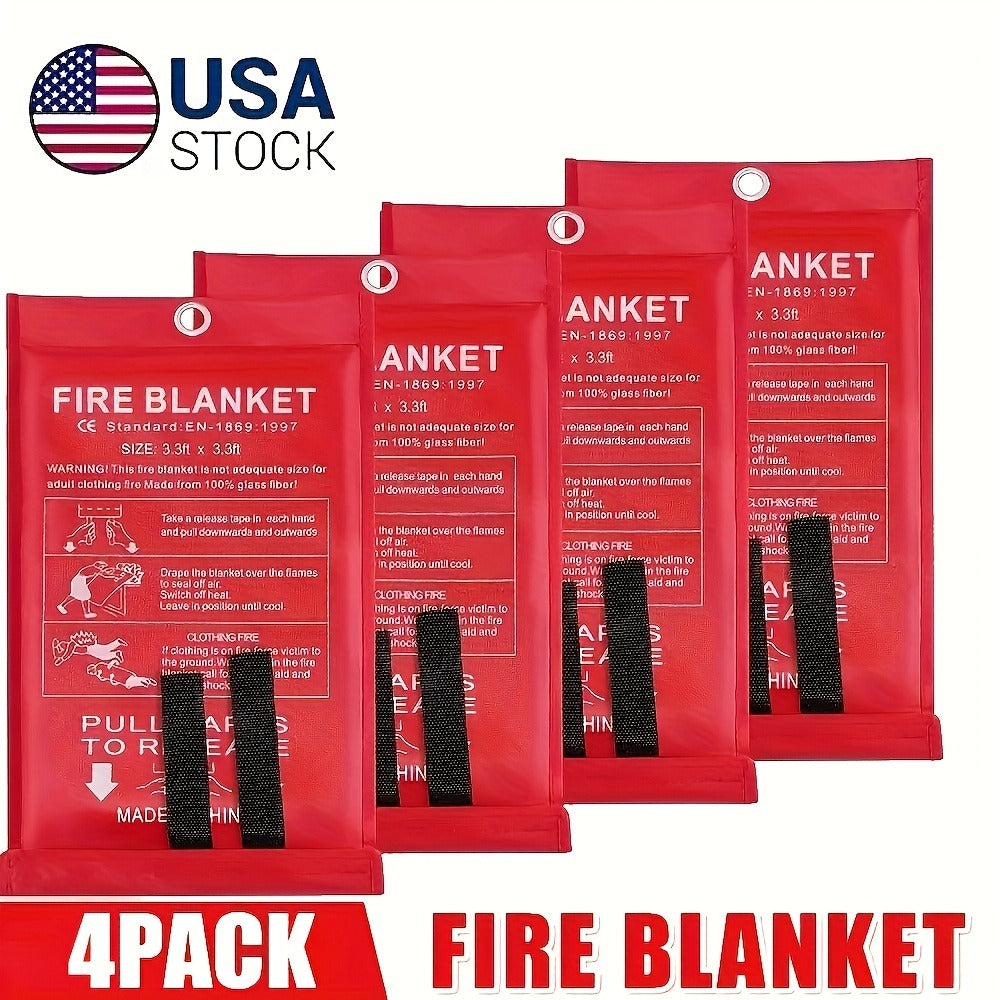 Fire Blanket 4-Pack Fiberglass Emergency Flame Retardant – Heat Resistant Fire Safety Blankets for Home, Kitchen, Camping & Hiking | Compact & Portable