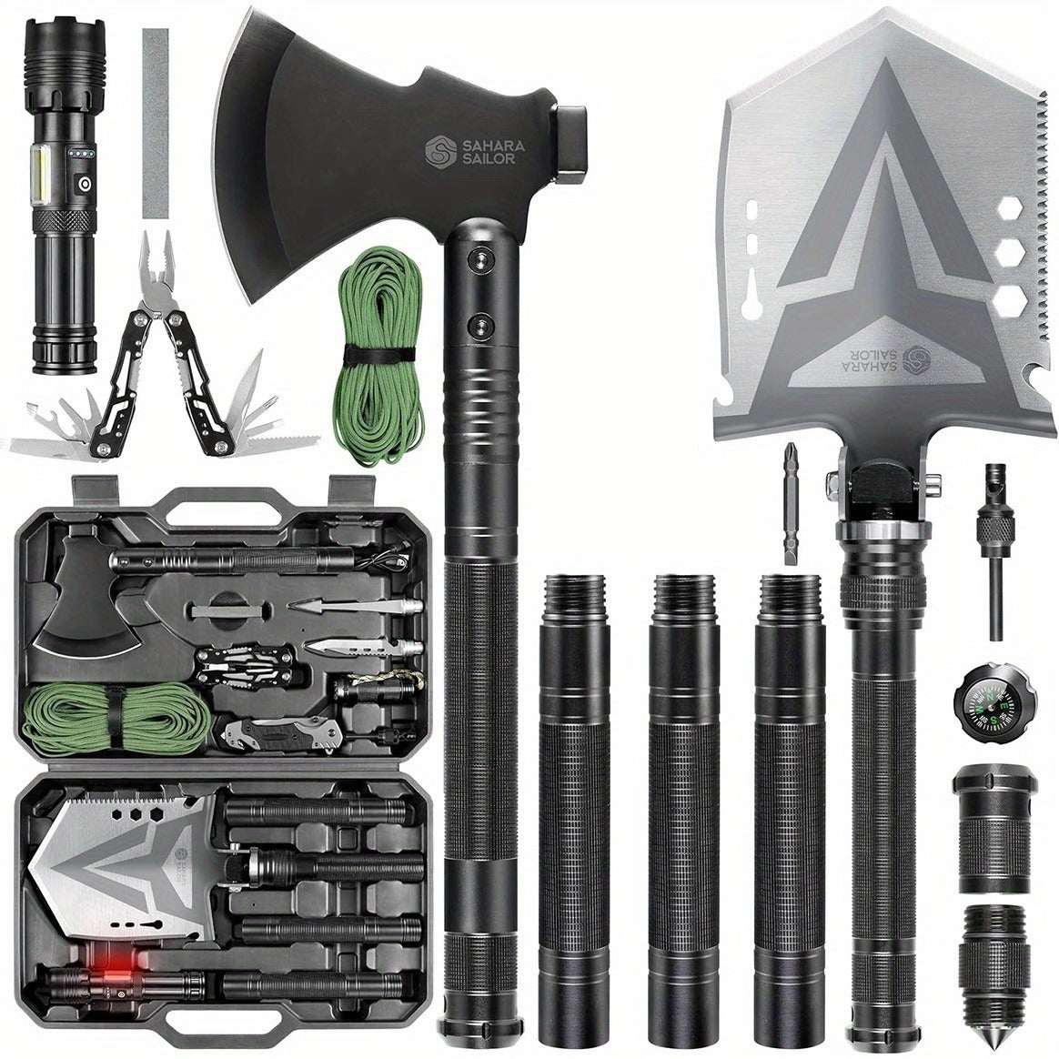 Folding Camping Shovel Axe Kit, Multifunctional Survival Tactical Shovel with Paracord, Dual Color Flashlight & Whetstone – Emergency Outdoor Gear for Camping, Hiking & Survival
