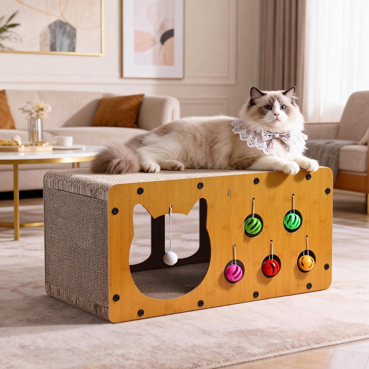 Cat Scratching Board with Interactive Rolling Ball – Multifunctional Cat Furniture for Scratching Playing & Resting, Sturdy Breathable Design, Perfect Cat Toy Gift for Indoor Cats