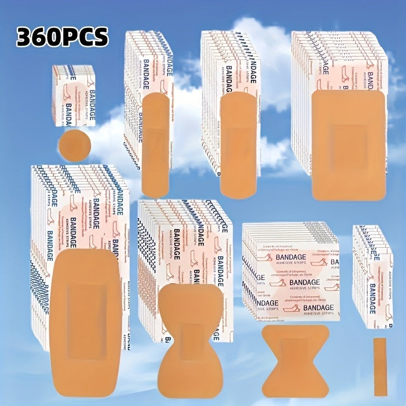 Adhesive Bandages 360pcs Assorted Flexible Fabric – Breathable PE Elastic Cloth Strips for Fingertip & Knuckle Wound Care, First Aid Bandage Set in 8 or 12 Styles